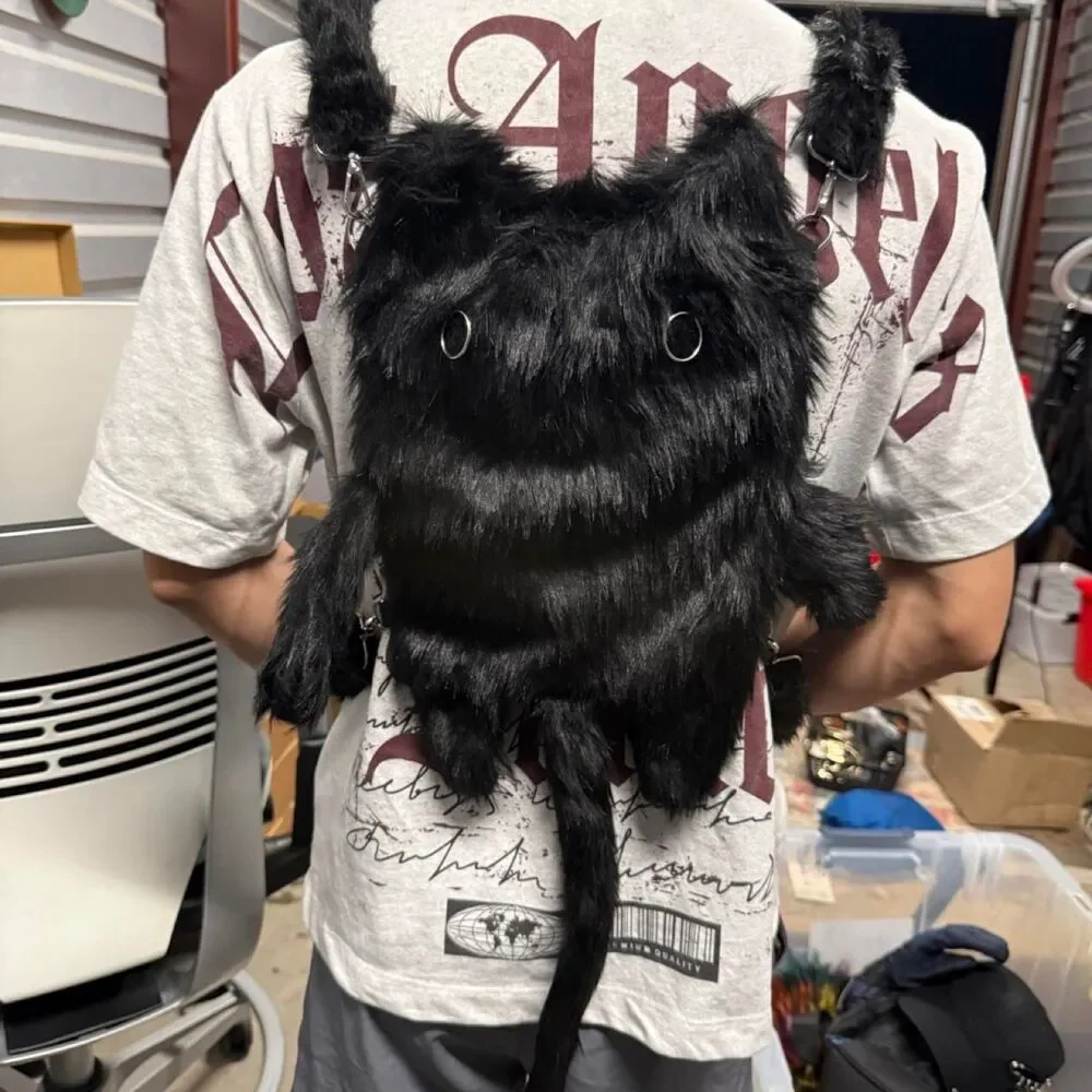 Black faux fur cat Men's Black Bag